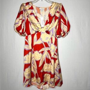 TOPSHOP Womens Satin Floral Mini Dress Sz 8 Puff Sleeve Cutout Boho Flirty